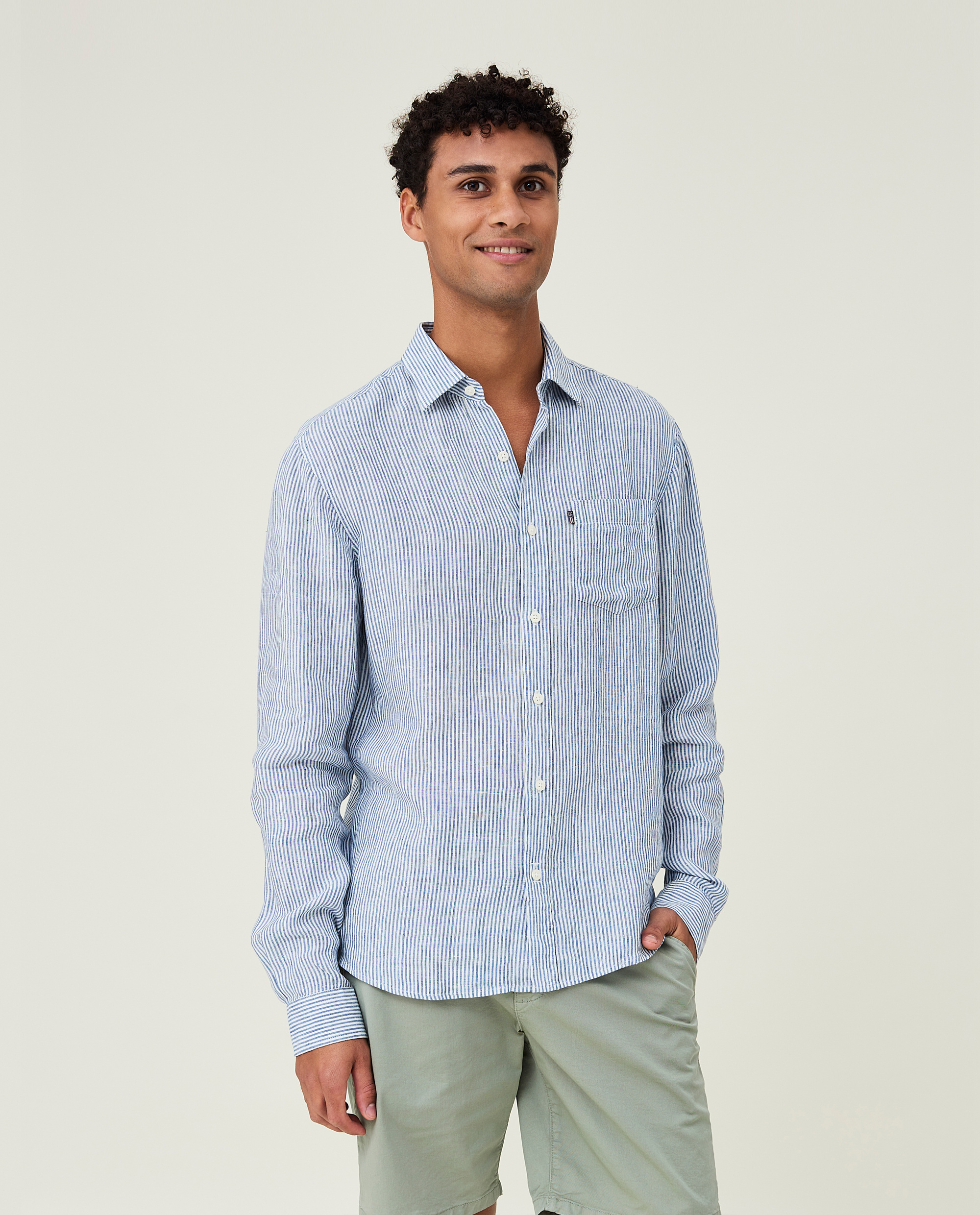 Ryan Linen Shirt, Blue/White Stripe 