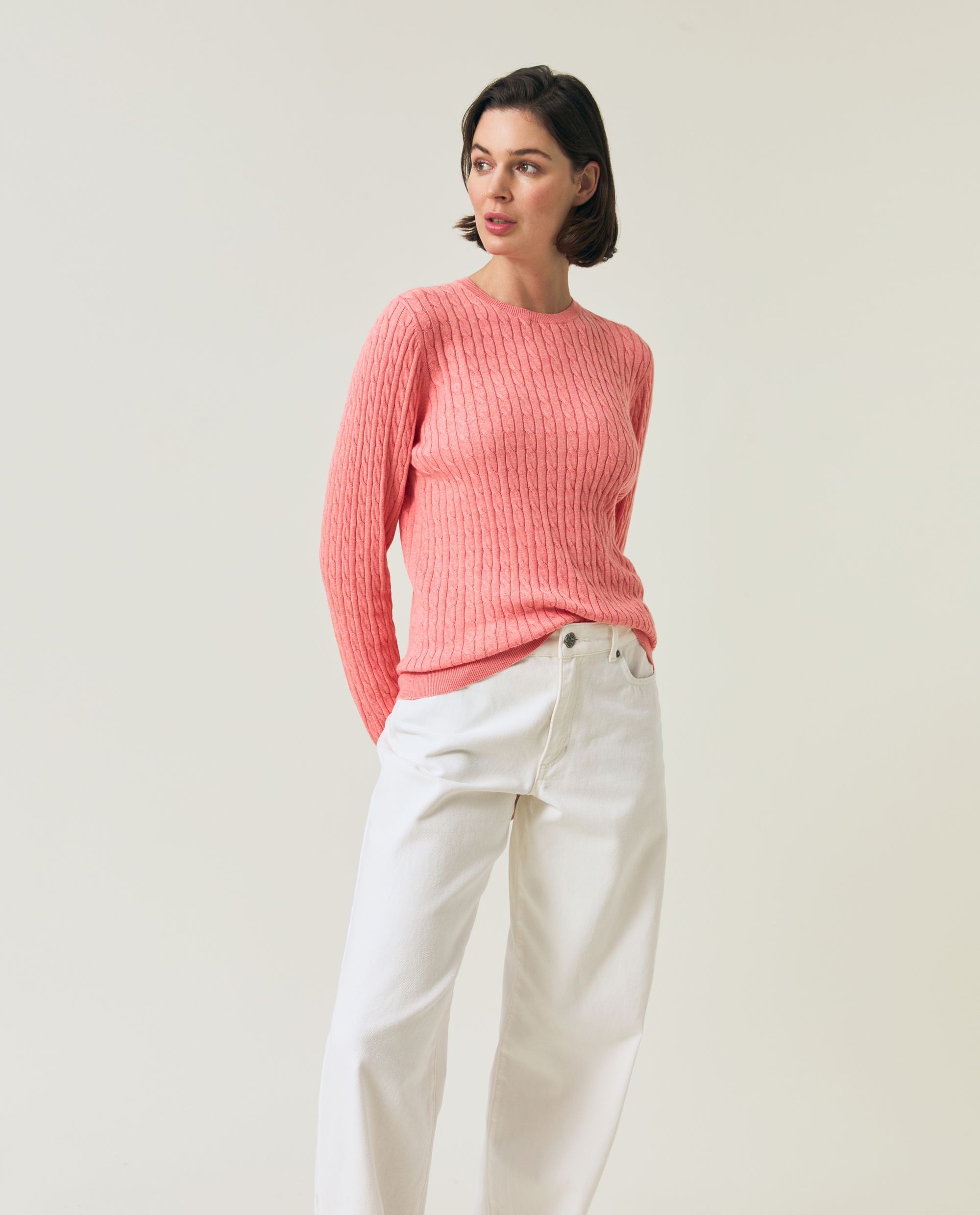 Organic cotton cable knitted sweater, coral melange | Lexington