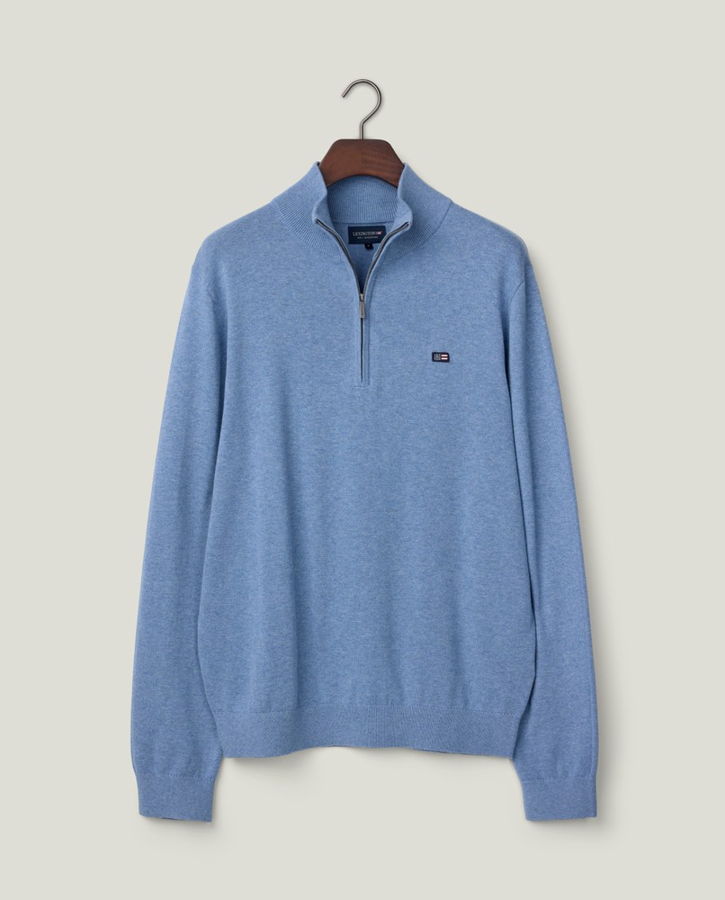 値下げ我谷風盆　約31.5cm×約21cm×約3.5cm Cotton half-zip sweater, blue | Lexington
