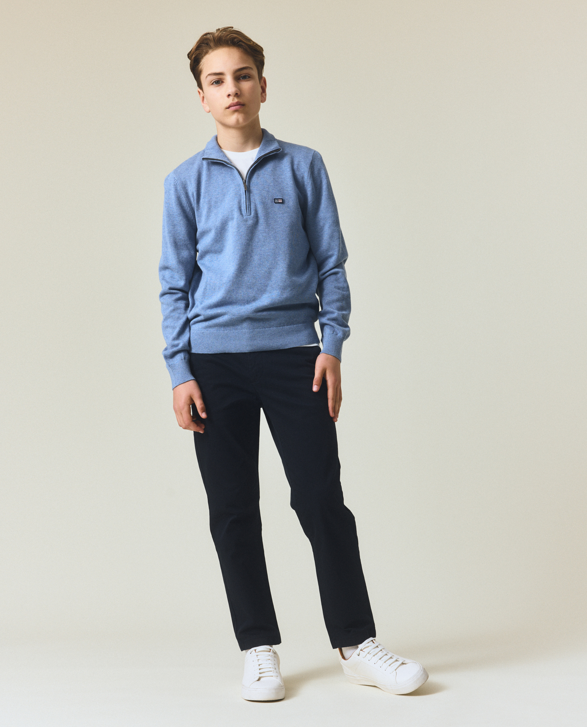Fine knit teen half-zip sweater, blue melange | Lexington