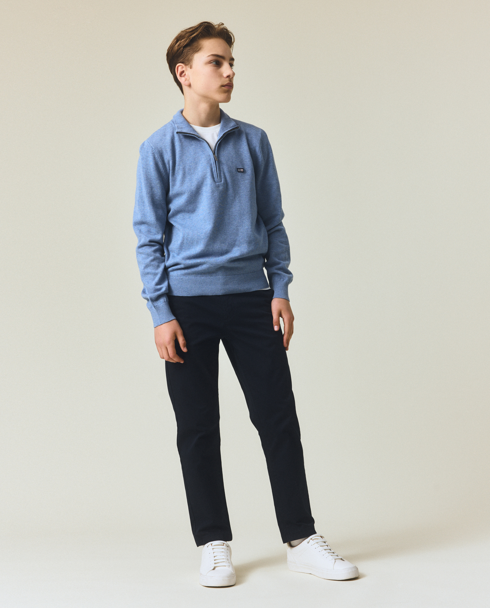 Fine knit teen half-zip sweater, green melange | Lexington