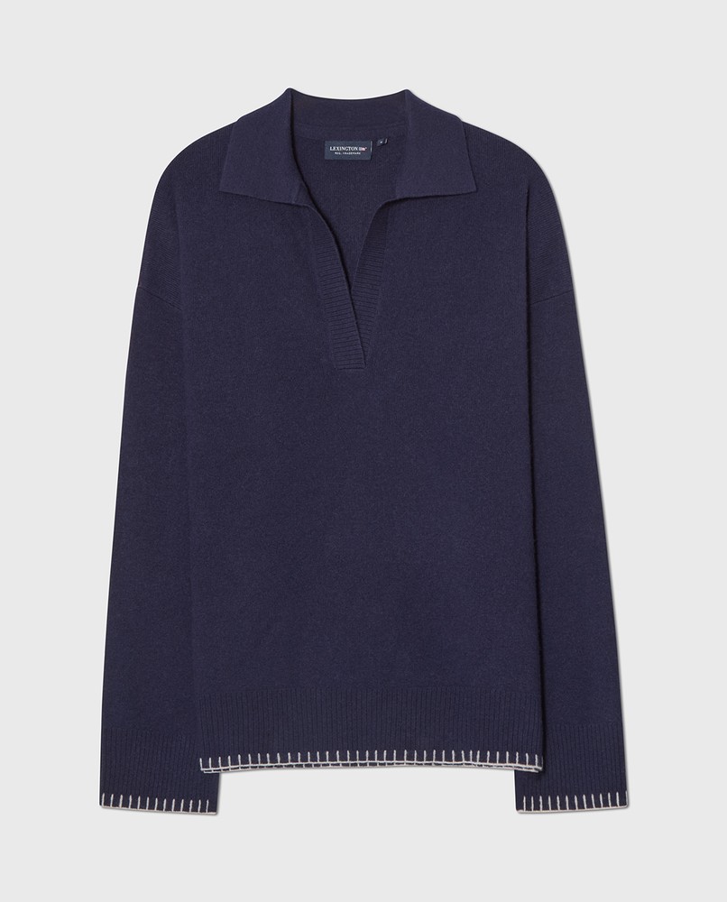 Merino wool knitted polo sweater, dark blue