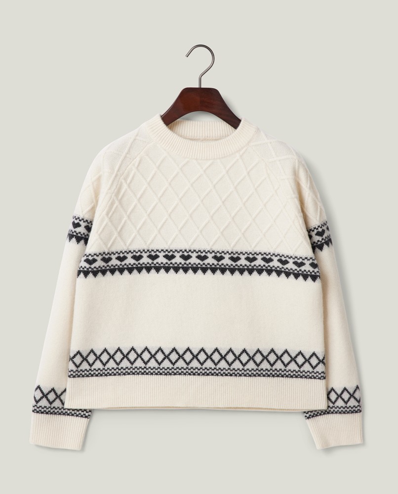 Fair Isle merino wool knitted sweater, off white/black
