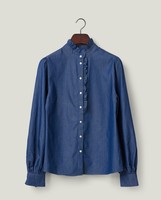Denim frill blouse, medium blue | Lexington