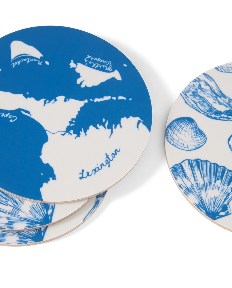 Laminiertes beidseitig verwendbares untersetzer-set (4er-set), blau/weiß