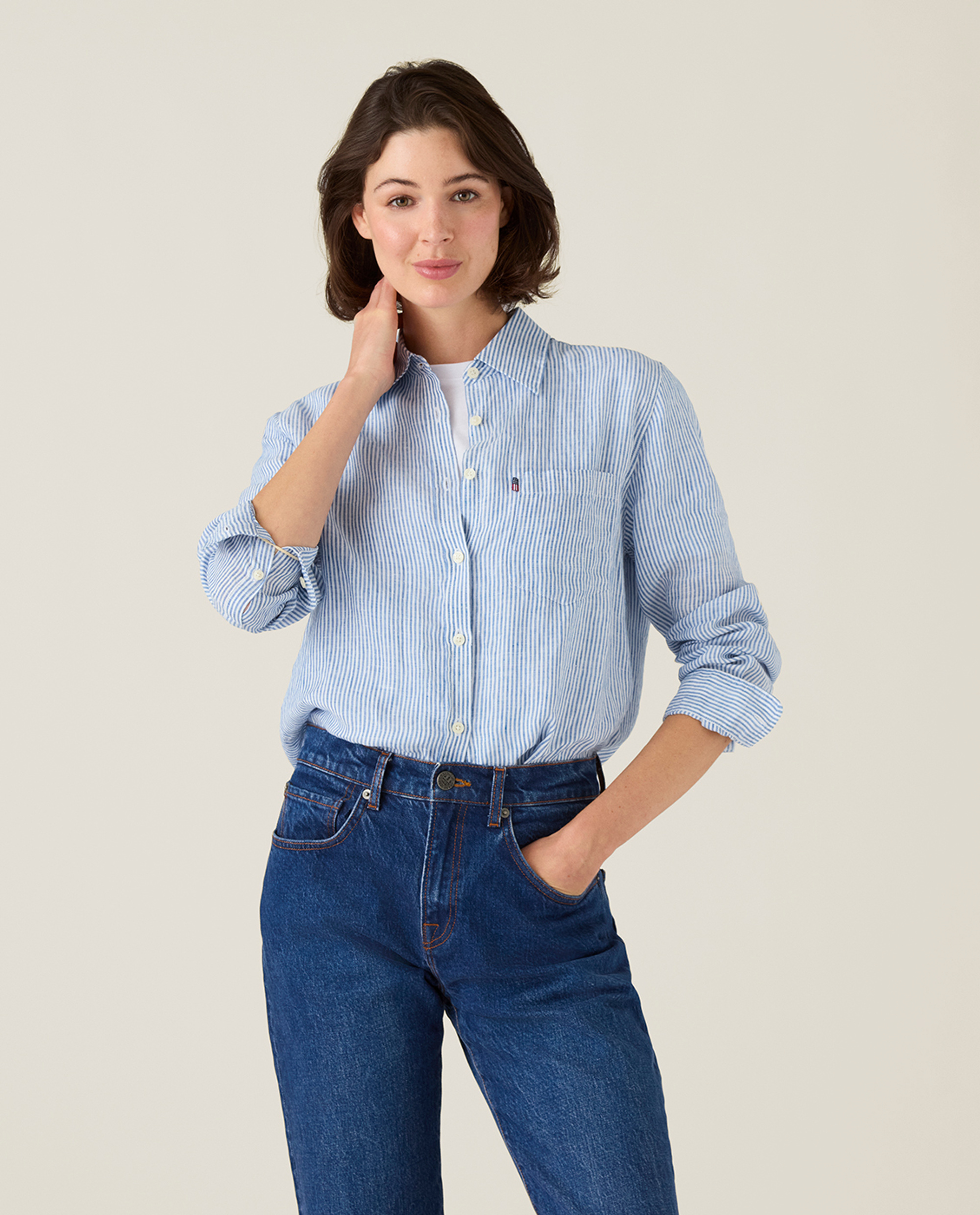 Classic linen shirt, blue/white stripe | Lexington