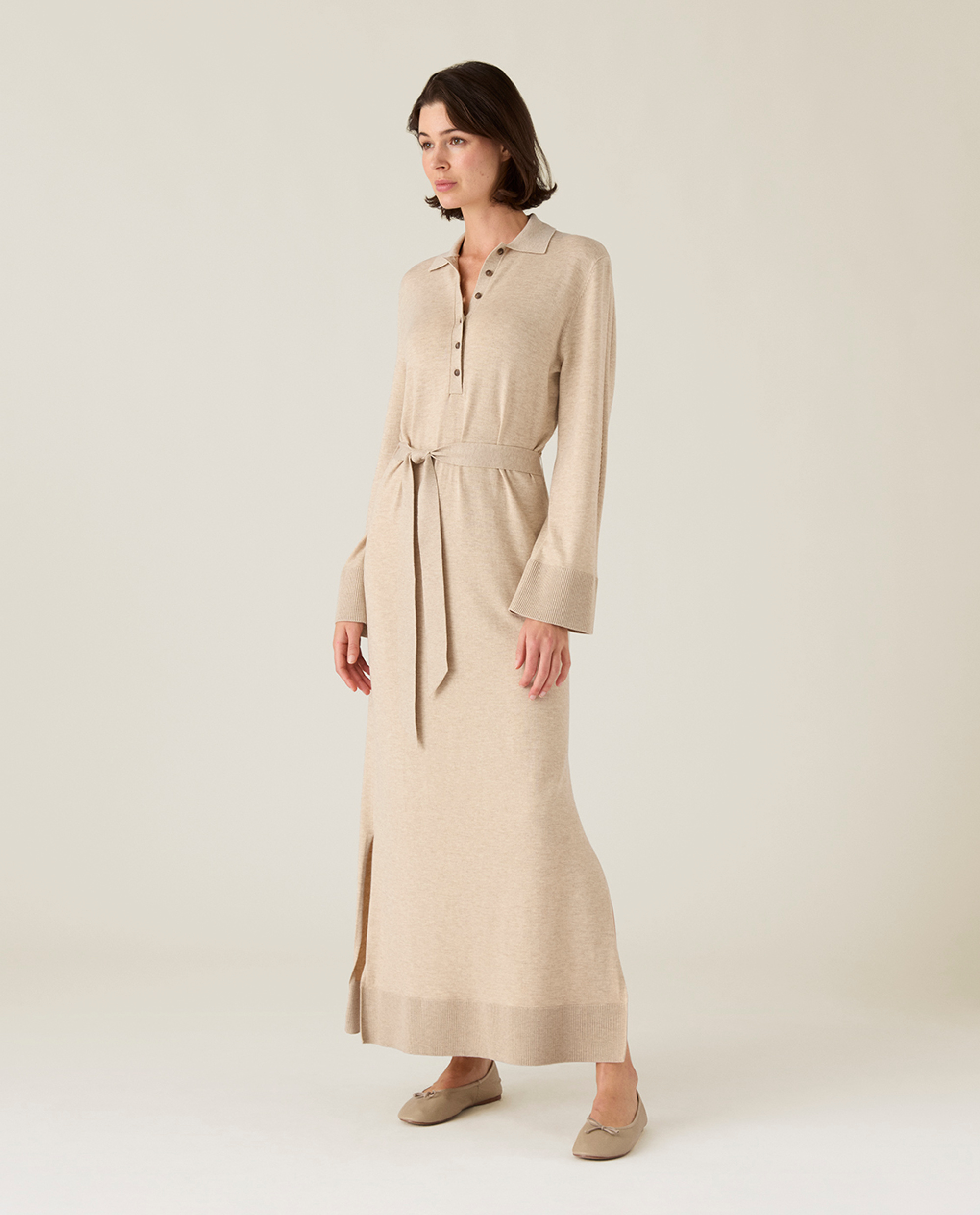 Belted knitted polo dress, beige melange | Lexington