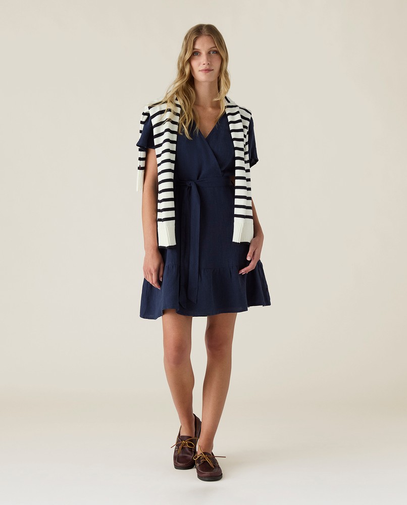 Belted linen v-neck dress, dark blue