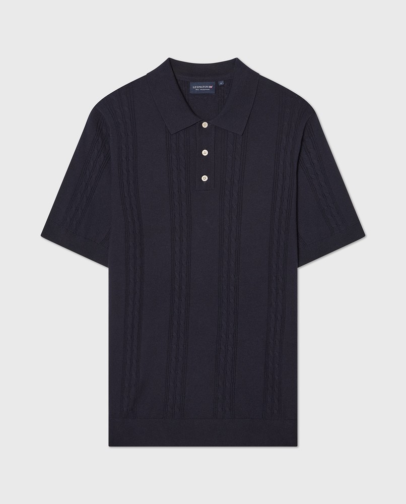 Short sleeve cable knitted polo sweater, dark blue | Lexington
