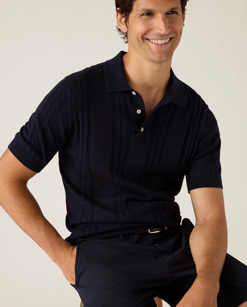 Short sleeve cable knitted polo sweater, dark blue | Lexington