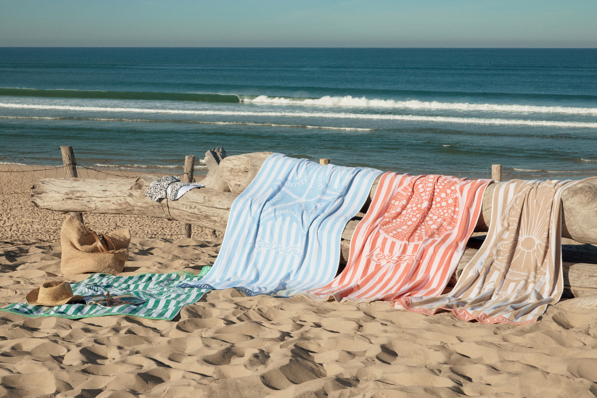 Block striped cotton terry beach towel, green | Lexington