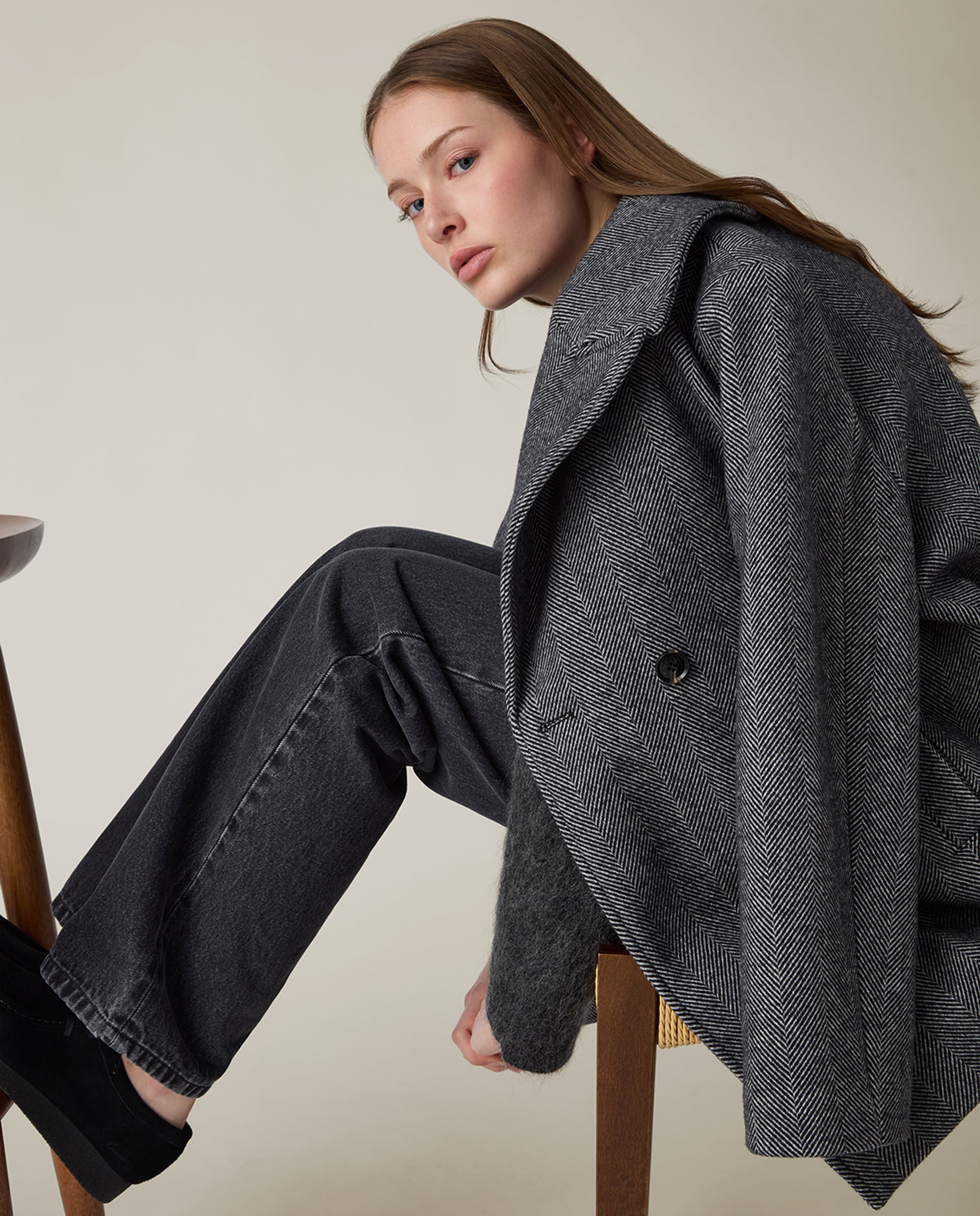Herringbone jacket in wool blend, black/grey | Lexington